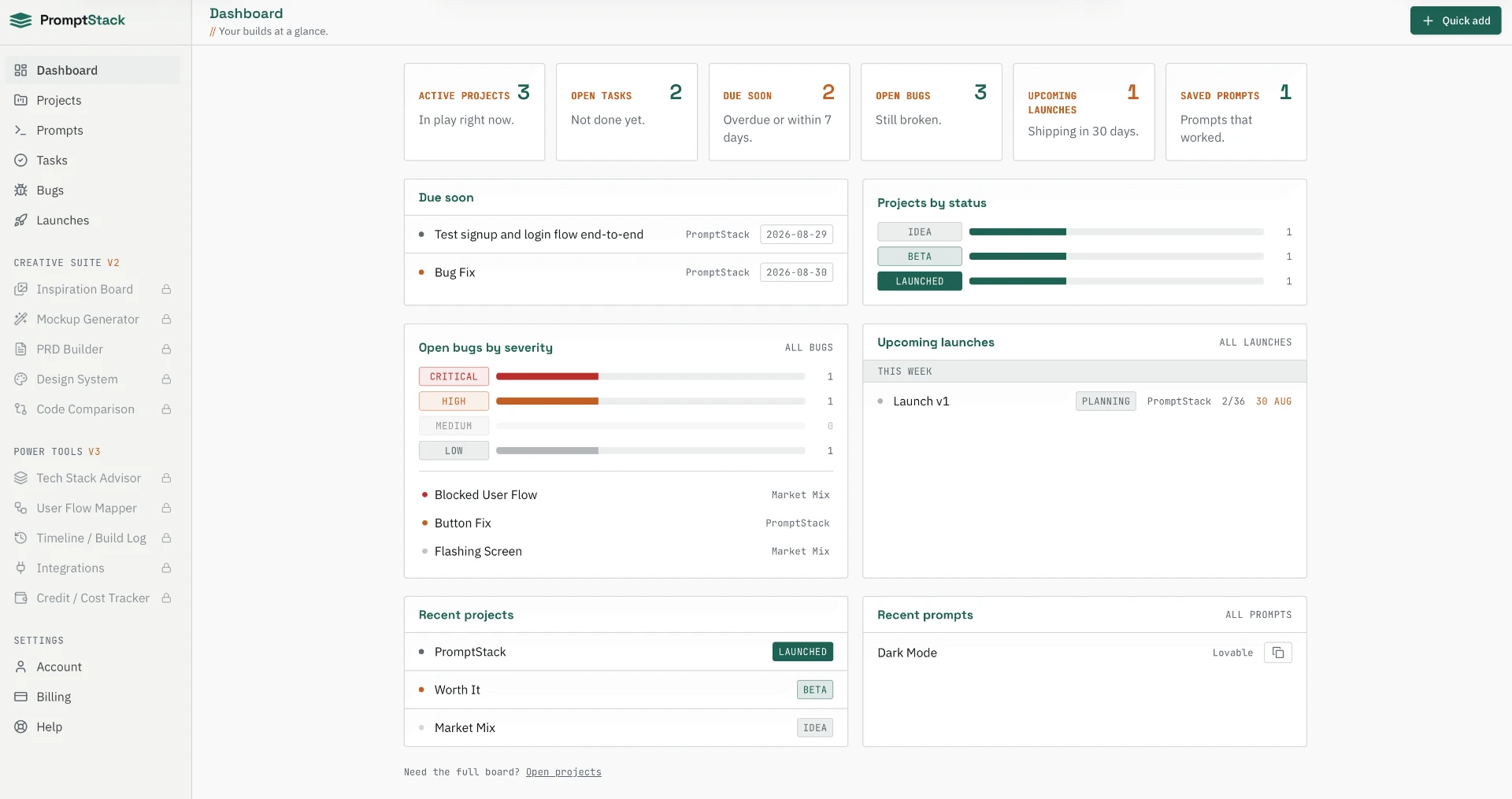PromptStack dashboard showing every project, task, bug, and prompt at a glance