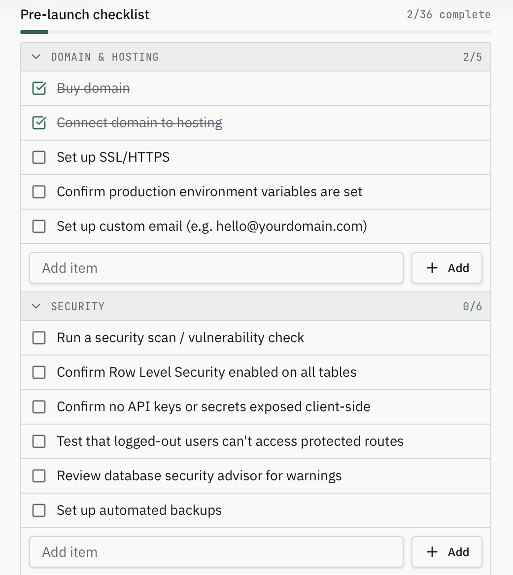 Pre-launch checklist with domain, hosting, and security items ticked off before going live