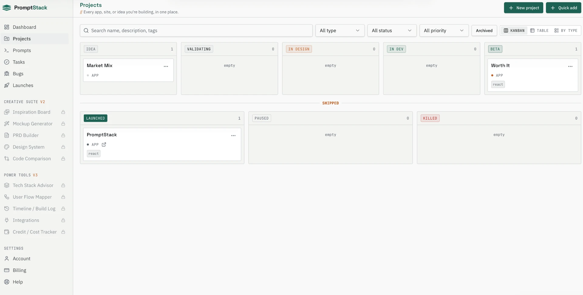 Projects kanban board tracking every app, site, or idea from idea to launch