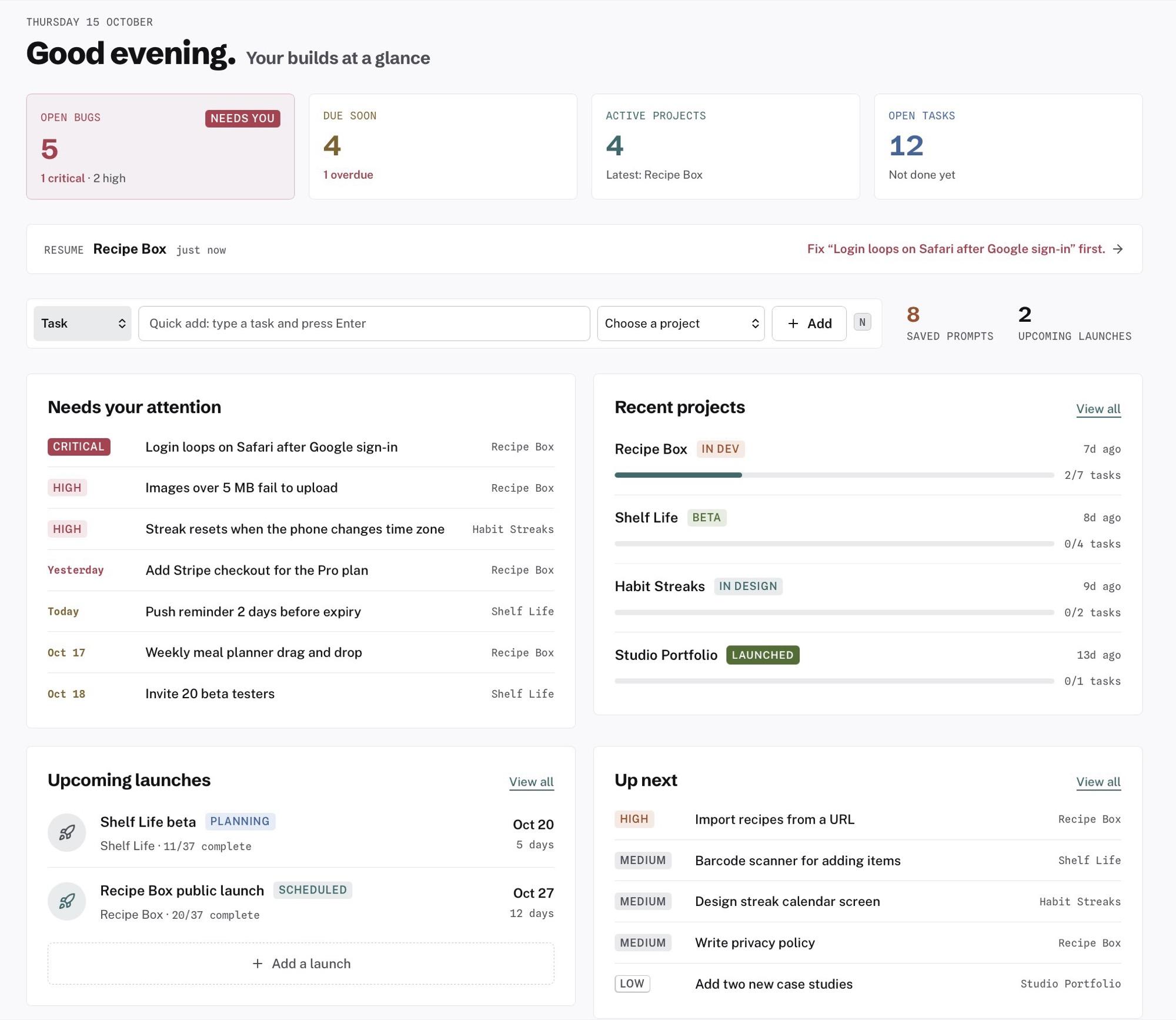 The PromptStack dashboard: open bugs, tasks due soon, the Resume bar, items that need attention, recent projects with their progress, upcoming launches and what to work on next.