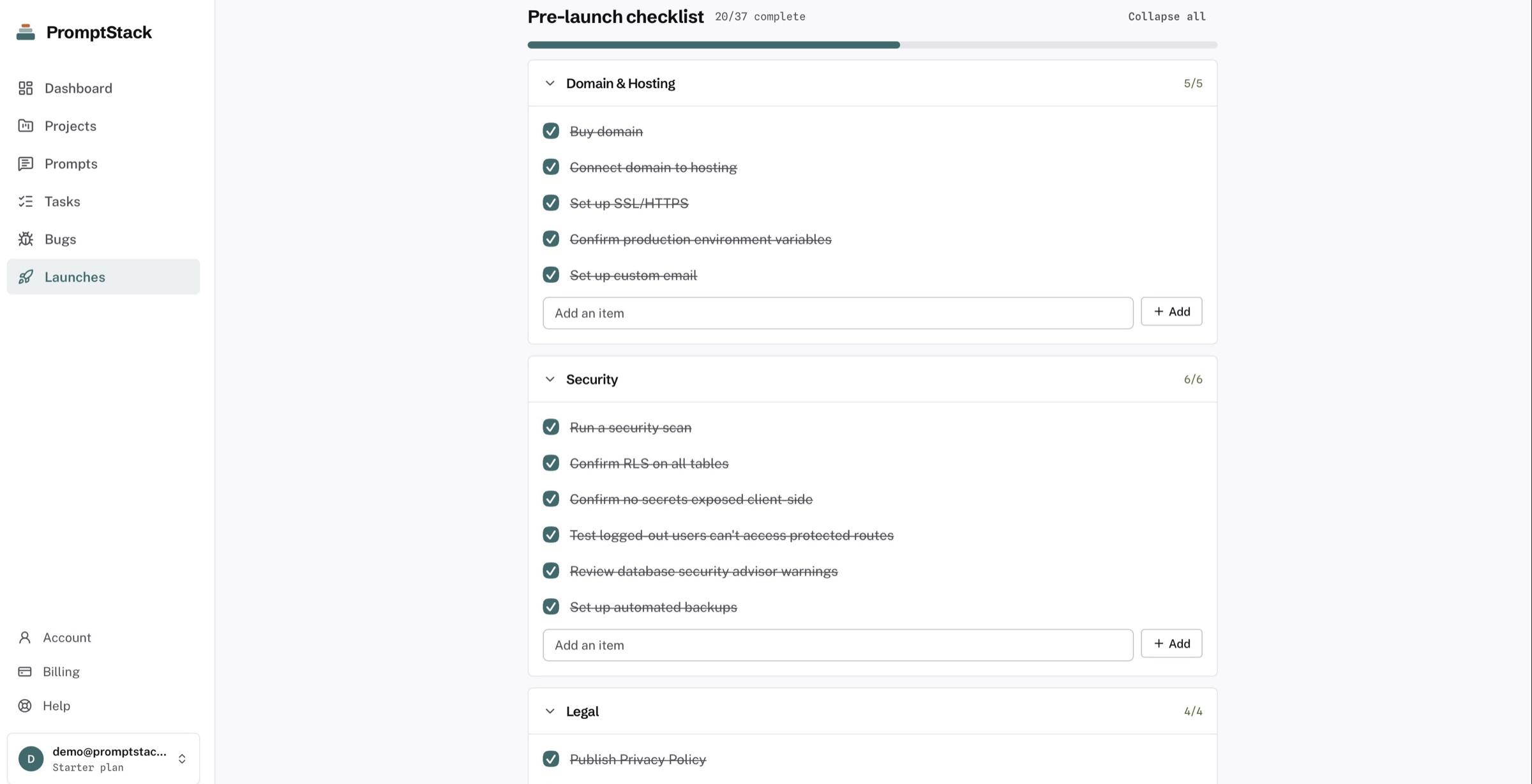 A launch's pre-launch checklist, 20 of 37 complete, with every Domain and Hosting and Security item ticked off.
