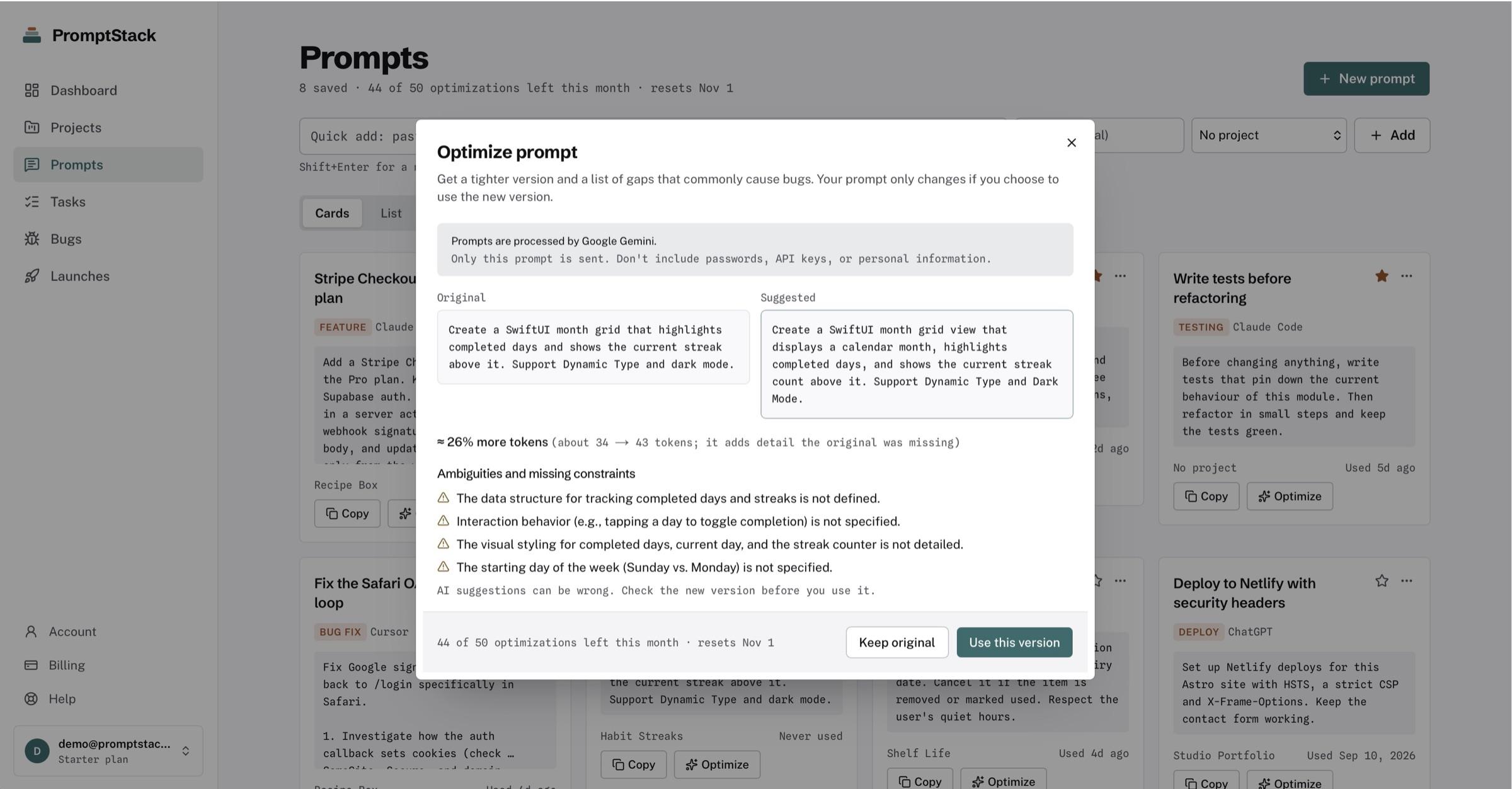 The prompt library with the Prompt Optimizer open, showing the original prompt, a suggested version and the gaps it found.